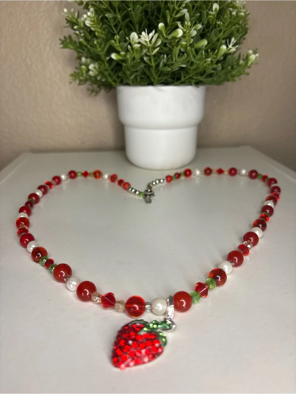 Chico’s Crystal Rhinestone Strawberry Beaded Statement Necklace Red White Green